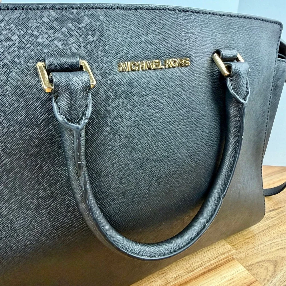 Michael Kors Selma Black Saffiano Leather Satchel Crossbody Bag Gold Hardware